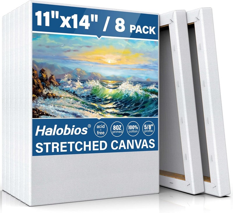 Halobios لوحات قماشية فارغة للرسم بحجم 11x14 بوصة، 8 عبوات من اللوحات القماشية الممتدة للأكريليك والزيوت والألوان المائية ووسائط الرسم الأخرى، بروفايل 5/8 بوصة قماش فني مغطى 100% قطن - Image 1